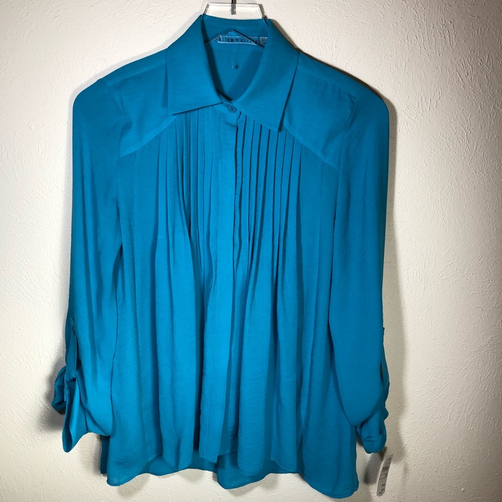 Alice + Olivia Turquoise Shirt w Pleats, Sz XS NWT